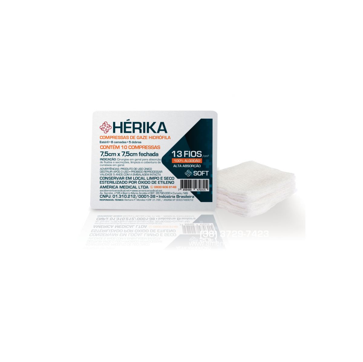 Compressa de Gaze Hidrófila Estéril Hérika com 10 unidades - 7,5 cm X 7,5 cm - America Medical